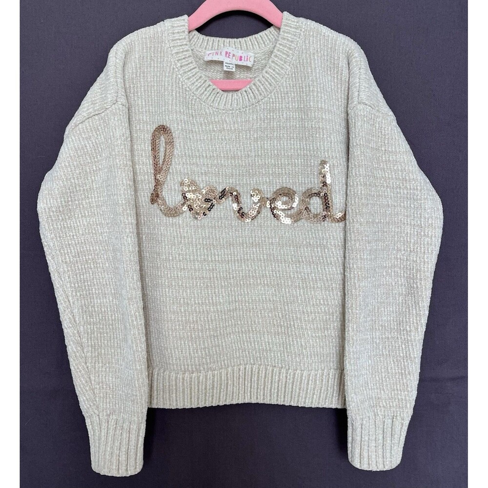NWOT Pink Republic Girls Gray Knit Sweater M 10/12 - Sequin "Loved" Pullover